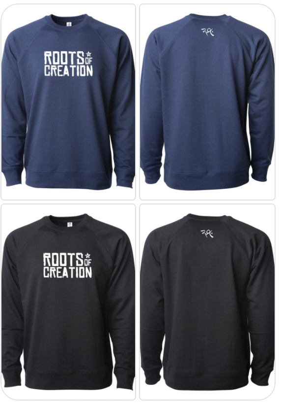 CREWNECK SWEATSHIRT: Roots of Creation Logo (White Logo on Black or Indigo) For Discount